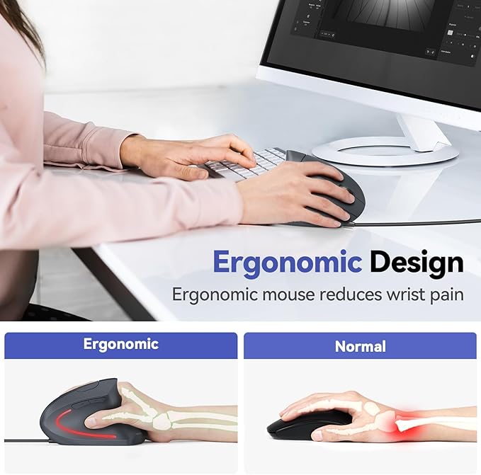 TECKNET Wired Mouse, 6400 DPI Ergonomic Mouse 6 Buttons Silent Mice 4 Adjustable DPI Vertical Mouse Compatible with Windows/Chrome/Laptop/Computer