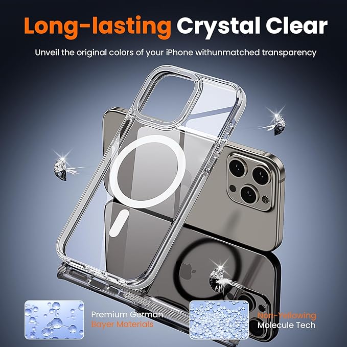 toushion 3 in 1 for iPhone 15 Pro Case Clear with MagSafe, Yellowing-Resistant Acrylic Back, Shockproof Guard Corners, Military-Grade Protection for iPhone 15 Pro Phone Case 6.1 inch Clear Bumper