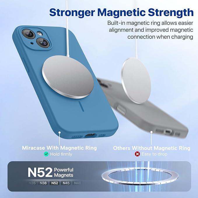 Miracase Magnetic for iPhone 15 Plus Case, [Soft Anti-Scratch Microfiber Lining], Magnetic for MagSafe, Liquid Silicone Shockproof Drop Protection Phone Case for 15 Plus, Capri Blue