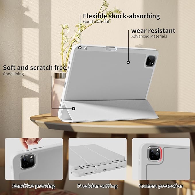 Case for iPad Pro 11 inch (M5/M4) 2025/2024 with Pencil Holder,Tri-Fold Stand Cover, Protective Soft TPU Back&Shockproof Air Corner,Supports Apple Pencil Pro, Auto Wake/Sleep (Gray)