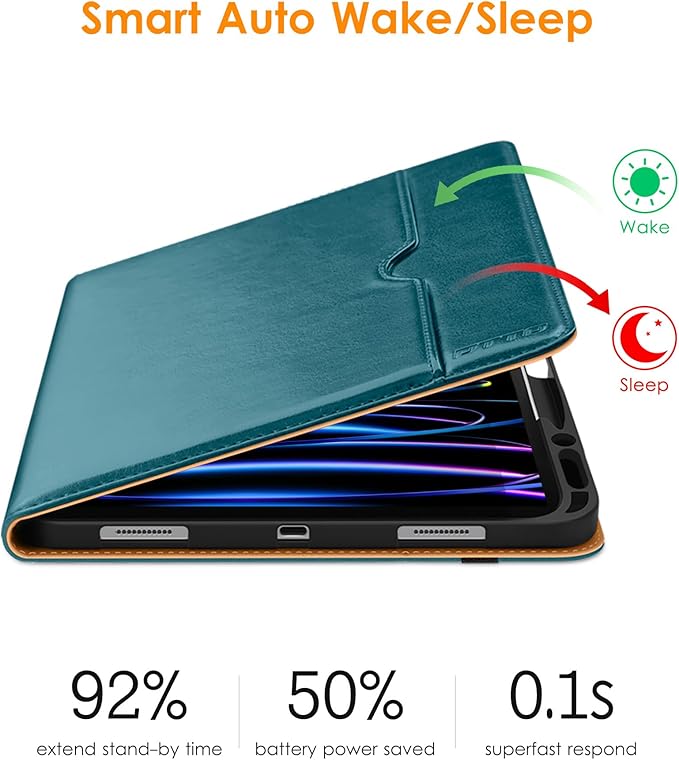 DTTO for iPad Pro 12.9 6th / 5th / 4th / 3rd Generation Case 2022/2021/2020/2018, Leather Folio Stand Cover with Built-in Apple Pencil Holder -Auto Wake/Sleep and Multi Viewing Angles,Teal