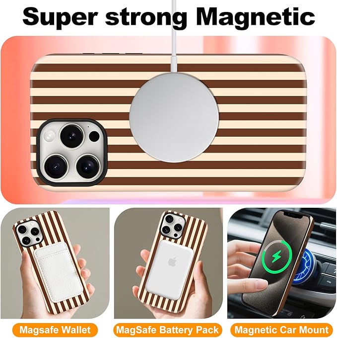 Magnetic for iPhone 12/12P Case Cute Stripes Phone Case, Shockproof Slim TPU and Hard PC Protective Phone Cover Compatible with MagSafe Designed for Women Girls, Lake BlueBrown