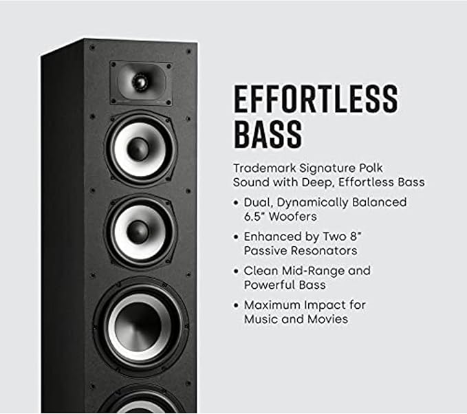 Polk Monitor XT70 Large Tower Speaker, Home Stereo Speakers, Hi-Res Audio, Dolby Atmos & DTS:X Compatible, 1" Tweeter, (2) 6.5" Balanced Woofers, (2) 8" Passive Radiators (Single, Midnight Black)