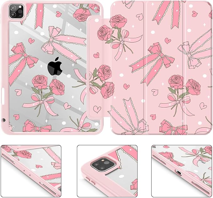 Tuiklol for iPad Pro 11 Inch 4th / 3rd / 2nd / 1st Gen (2022 2021 2020 2018) Case -Built-in Pencil Holder Shockproof Cover Clear Transparent Back Shell with Auto Wake/Sleep, Bow & Rose