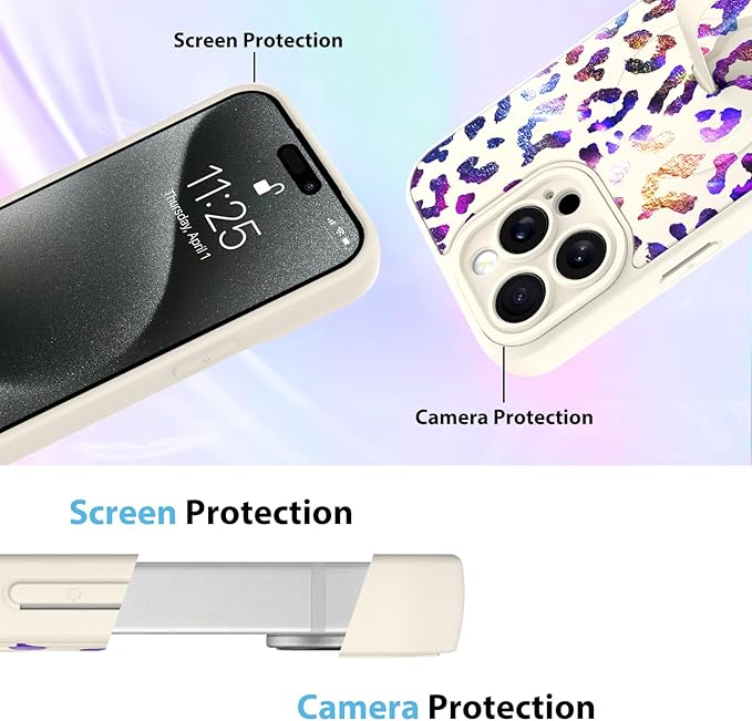 KANGHAR Compatible with iPhone 15 Pro Case, Support for MagSafe, Silicone Cute Iridescent Leopard Cheetah Pattern, Wristband Kickstand Shockproof Protective Slim Cover for Women Girls, White