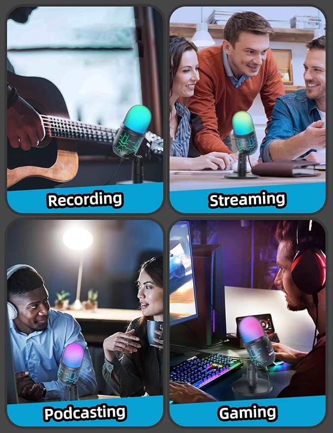 MRSDY Gaming Microphone, USB Computer Microphone for PC, Mac, PS4/5, Condenser Podcast Mic for Studio Recording, YouTube, Streaming, with Headphone Jack, Led Light, Mute, Gain, Noise Cancellation