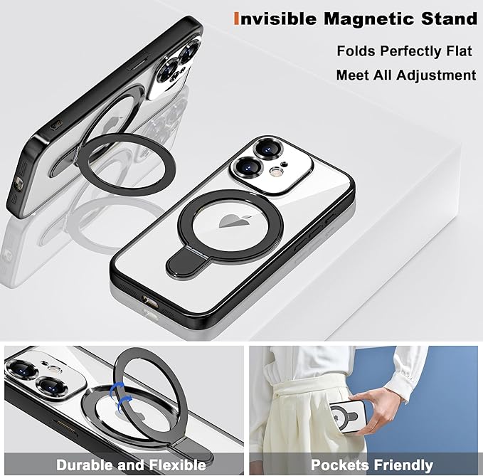 Compatible with iPhone 12 Case with Invisible Magnetic Ring Stand [Compatible with Mag-Safe] [Full Camera Lens Protector] Plating Clear Phone Case for iPhone 12 6.1", Black
