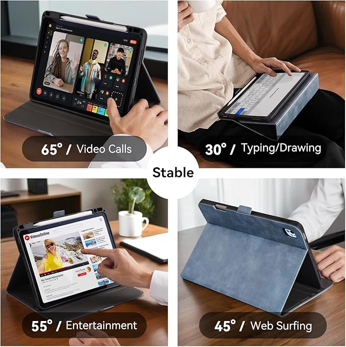 Handmade Case for iPad Pro 13 Inch (M5/M4) 2025/2024 with Pencil Holder Pocket,Magnetic Closure,Auto Sleep/Wake,Vegan Leather Folio Protective Cover,Multi Angles Stand,Light Blue