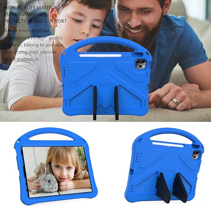 Kids Case for iPad Pro 11" 2022/2021/2020/2018, iPad Air 5th/4th Generation With Pencil Holder, Lightweight Shockproof EVA Foam Handle Stand Anti-Slip Grip Rugged, Blue