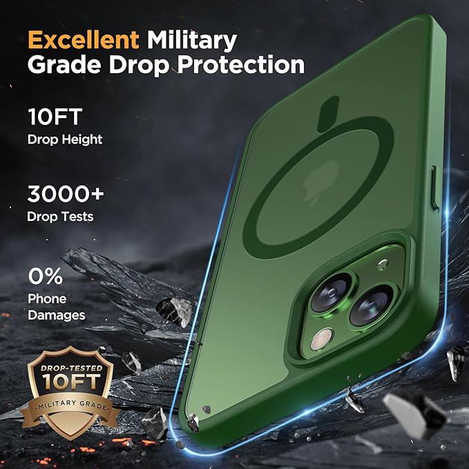 Miracase Magnetic for iPhone 15 Plus Case 6.7 inch (Compatible with MagSafe)（with 2X Screen Protectors） Military-Grade Protection, Anti-Fingerprint Translucent Matte Phone Cover, Dark Green