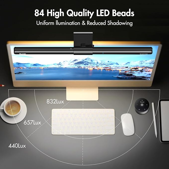 Quntis Monitor Light Bar with Remote, Fit for Curved Monitors/Camera Base, Eye-Care Computer Monitor Lamp Dimmable with Auto-Dimming, No Glare Work Office Gaming Desk Lamp, Gray, Mother's Day