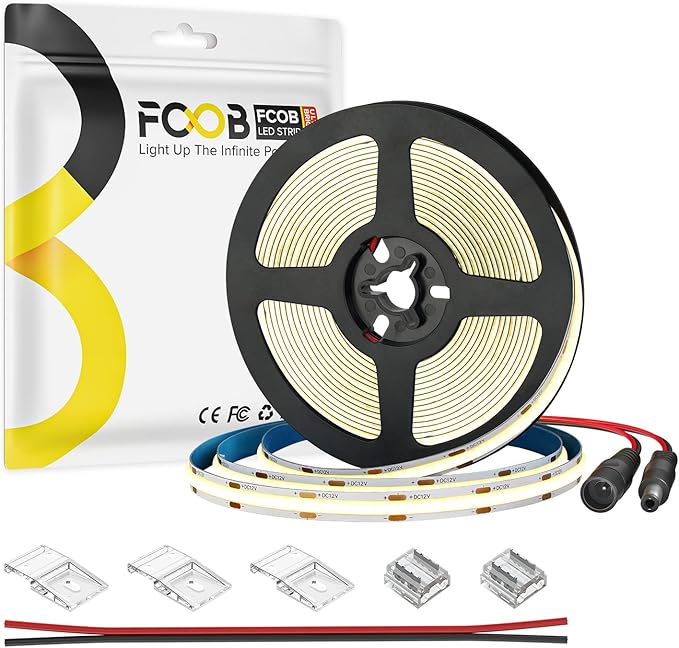 16.4FT COB LED Strip DC12V Warm White Flexible High Density Uniform Bright Light Strip 320LEDs, CRI90+ Dimmable 3000K LED Light for DIY Kitchen Bedroom Home Decor, No Power and Controller