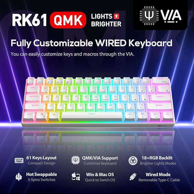 RK ROYAL KLUDGE RK61 Wired 60% Mechanical Gaming Keyboard, Compact PC Game Keyboards with QMK/VIA Programmable RGB Backlit, Hot Swappable Custom Keyboard for Win/Mac, Pre-lubed Red Switch, White