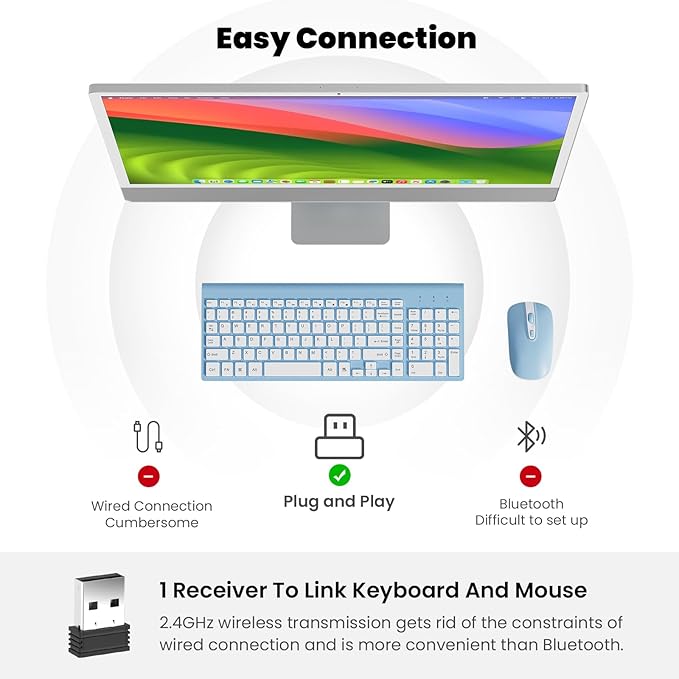 cimetech Wireless Keyboard and Mouse Combo, Compact Full Size Wireless Keyboard and Mouse Set 2.4G Ultra-Thin Sleek Design for Windows, Computer, Desktop, PC, Notebook - Baby Blue
