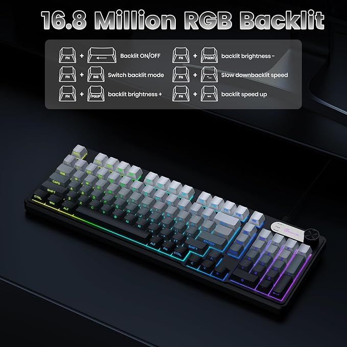 GEODMAER G98 Gaming Keyboard, 99 Keys Silent Wired Keyboard with Number Pad & Knob, RGB Backlit, Side Printed PBT Keycaps, Anti-ghosting, Water Repellent Computer Keyboards for PC Mac Laptop Gamer