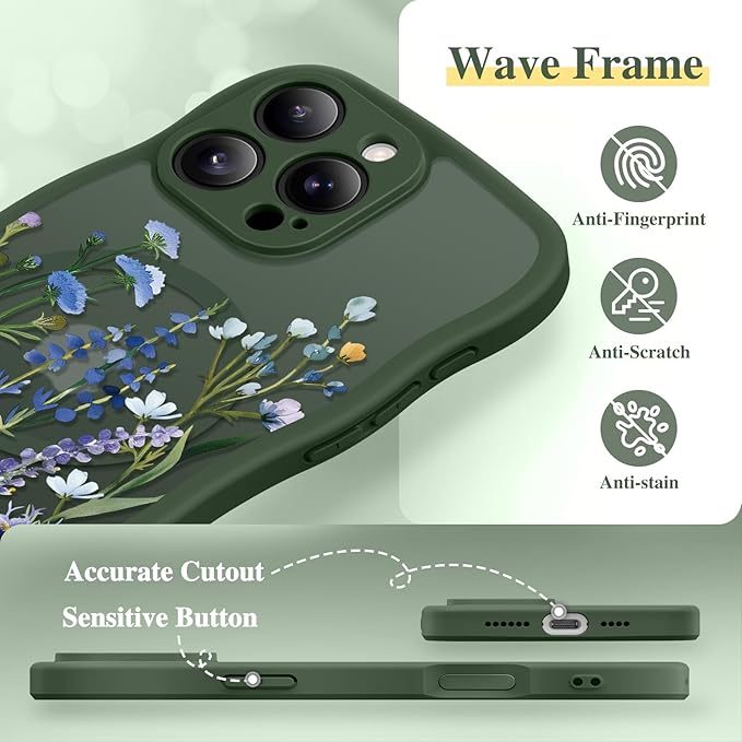 GVIEWIN for iPhone 16 Pro Max Case Compatible with MagSafe [Curly Wave Edge][Full Camera Protection] Floral Translucent Shockproof Magnetic Women Phone Case for 16 Pro Max, Sweet Posy/Forest Green