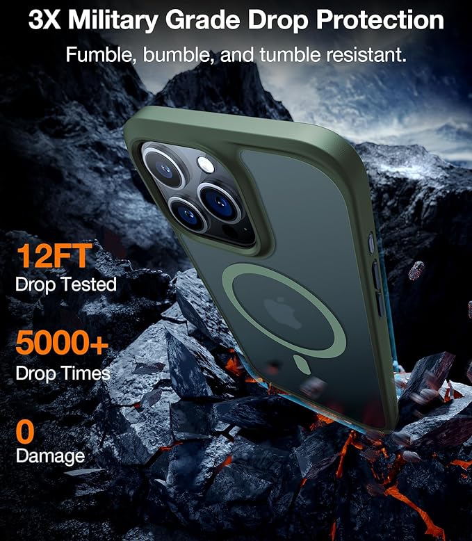 TORRAS Magnetic Shockproof for iPhone 15 Pro Case, [Military-Grade Drop Tested][Compatible with MagSafe] Translucent Hard PC Back with Silicone Slim Protective Cover Anti-Fingerprint, Green