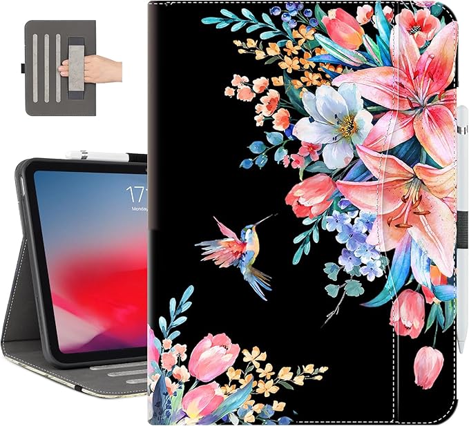Vimorco Case for iPad (A16) 11th Generation 2025, for iPad 11th/10th Generation Case, Pencil Holder&Handle Strap&Pocket, Multiple Stand Protector PU Leather Shell Cover, Black Flower Hummingbird