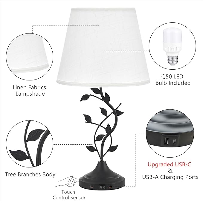 Kakanuo Table Lamp for Bedside, Lamp for Living Room with USB-A and USB-C Charging Ports, Traditional Tall Bedroom Lamp for End Table