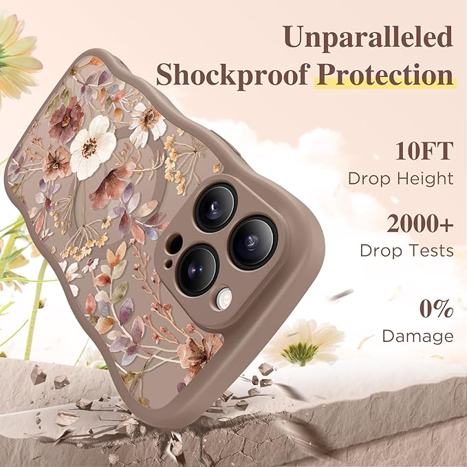 GVIEWIN for iPhone 15 Pro Max Case Compatible with MagSafe [Curly Wave Edge][Full Camera Protection] Floral Translucent Shockproof Magnetic Women Phone Case for 15 Pro Max 6.7'', Corn Poppy/Brown