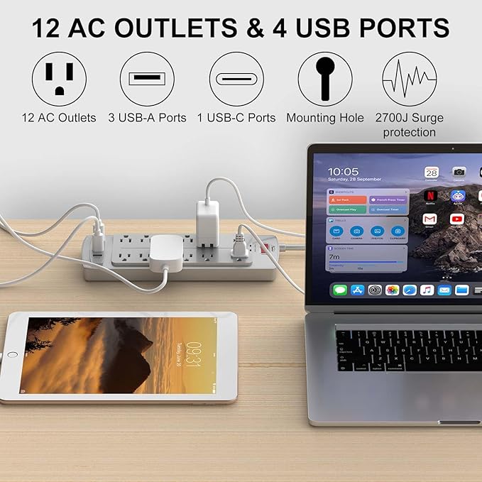 Power Strip, ALESTOR Surge Protector with 12 Outlets and 4 USB Ports, 6 Feet Extension Cord (1875W/15A), 2700 Joules, ETL Listed, Grey