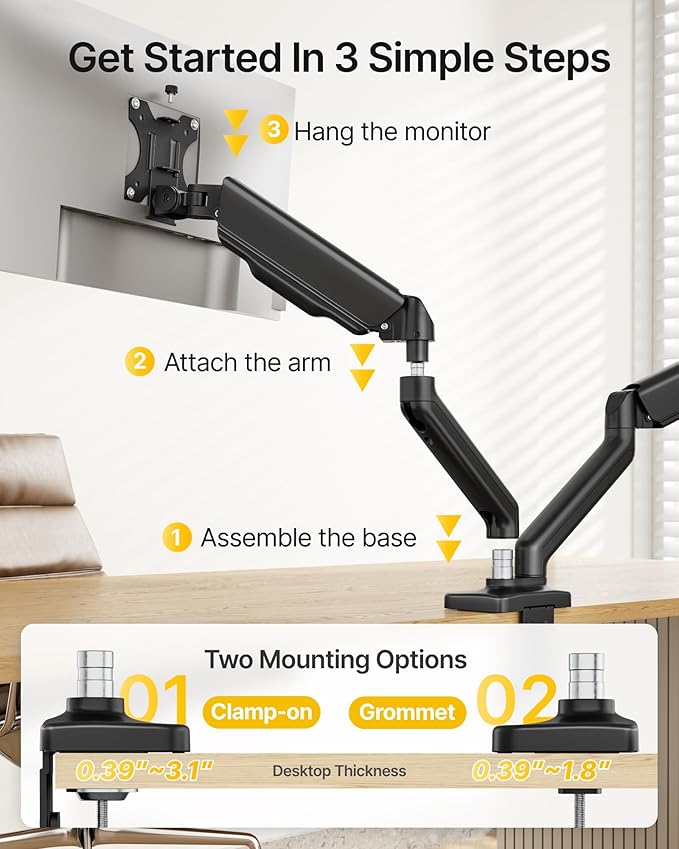 monTEK Heavy Duty Dual Monitor Arm for 17-32” Flat/Curved Screens, Premium Mechanical Spring Monitor Arm up to 19.8 lbs, Full Motion Monitor Desk Mount with Quick-Release VESA 75/100mm, Clamp/Grommet