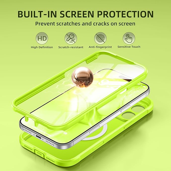 BERFY for iPhone 17 Pro Case, Compatible with MagSafe, Built-in Glass Screen Protector, Camera Protection, Shockproof Full Body Phone case 6.3", Translucent Bright Green