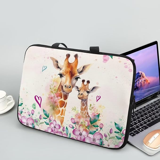 13 Inch Giraffe Flowers Laptop Sleeve, Laptop Cover Computer Bag Tablet Carrying Case with Handle, Zipper Tote Bags Notebook Sleeves Handbag Messenger Briefcase for Men Women