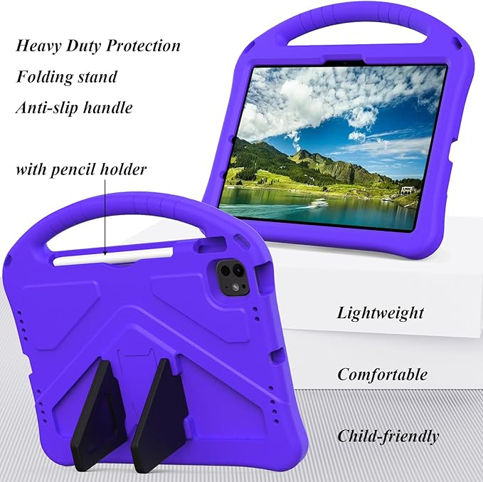 Kids Case for iPad Air 11 inch M4/M3/M2 (2026/2025/2024) with Pencil Holder/Shockproof Handle/Kickstand/Slim Lightweight Soft EVA Foam Folio Stand Tablet Protective Girls Boys Cover, Purple