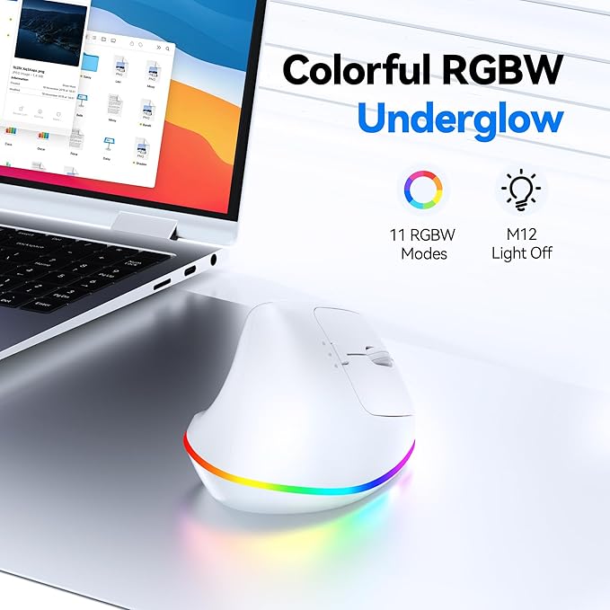 TECKNET RGB Wireless Ergonomic Mouse Rechargeable - USB+Bluetooth Multi-Device LED Vertical Mouse with 11 RGB Backlight Modes, 4800 DPI Adjustable, Ergo Mice for Windows and Mac, White