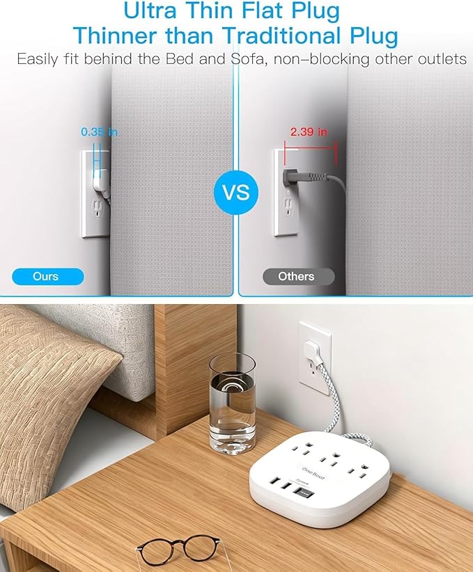 15 Ft Long Extension Cord, Cruise Ship Power Strip, 22.5W/4.5A Flat Plug Power Strip with 3 Oultets 4 USB Ports, 2 USB C Power Strip No Surge Protection for Home Office College Dorm Room Essentials