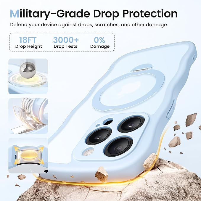 CAPRARO for iPhone 14 Pro Case with 360° Spin Magnetic Stand for Women, [Compatible with MagSafe] [Full Camera Protection] Cute Wave Translucent Matte Case for iPhone 14 Pro,Light Blue