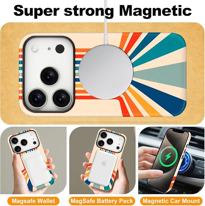 Magnetic for iPhone 17 Pro Max Case Cute Stripes Phone Case, Shockproof Slim TPU and Hard PC Protective Phone Cover Compatible with MagSafe Designed for Women Girls,Retro Stretch
