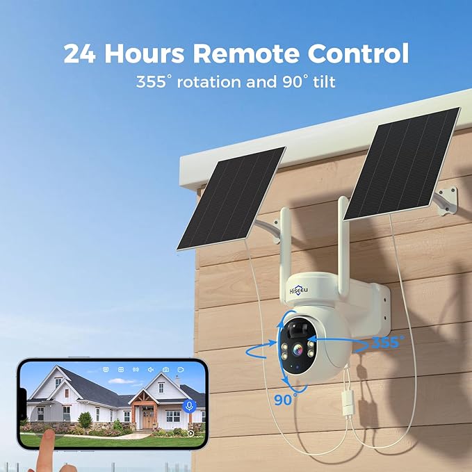 Hiseeu Solar Powered Security Camera, 24/7 Recording, 4MP 100% Wireless Outdoor Camera, 360° PTZ View, PIR Motion Detection, Color Night Vision, 2-Way Audio, IP66 Waterproof, No Monthly Fees