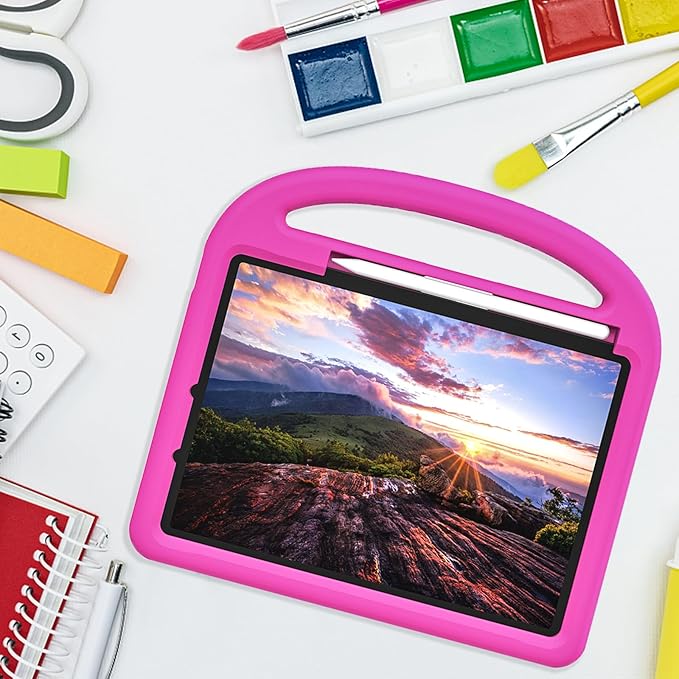 Kids Case for Apple iPad Pro 11 inch M5/M4 Tablet (2025/2024) with Pencil Holder/Handle/Kickstand Slim Lightweight Cute Soft EVA Foam Shockproof Stand Cover for Boys Girls Teens, Pink Bird