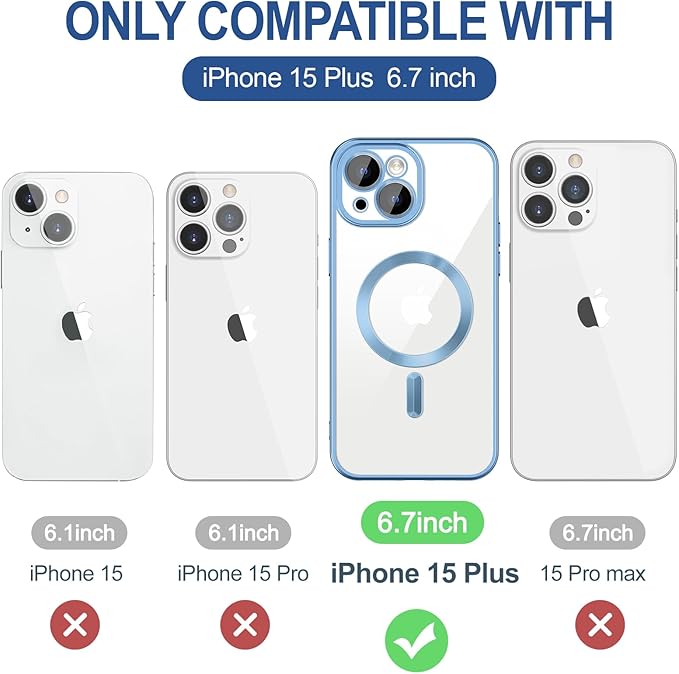 Hython Magnetic Clear for iPhone 15 Plus Case with Camera Lens Protector [Compatible with MagSafe] Luxury Plating Edge Slim Soft TPU Cover Protective Phone Case for iPhone 15 Plus, Matte Light Blue