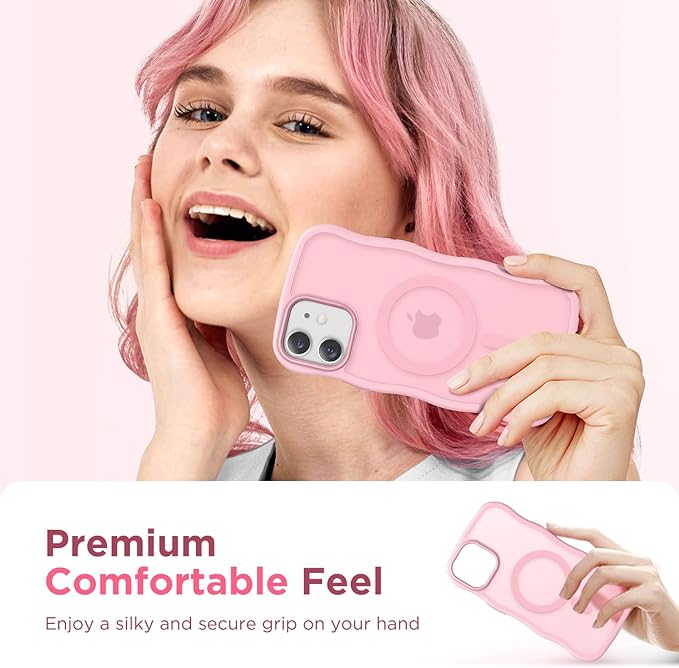 CAPRARO Cute for iPhone 12 Case & iPhone 12 Pro Case, Compatible with MagSafe, [Curly Wave Edge] [Camera Protection] [14 FT Drop Protection] Magnetic for iPhone 12/12 Pro, Peach Pink
