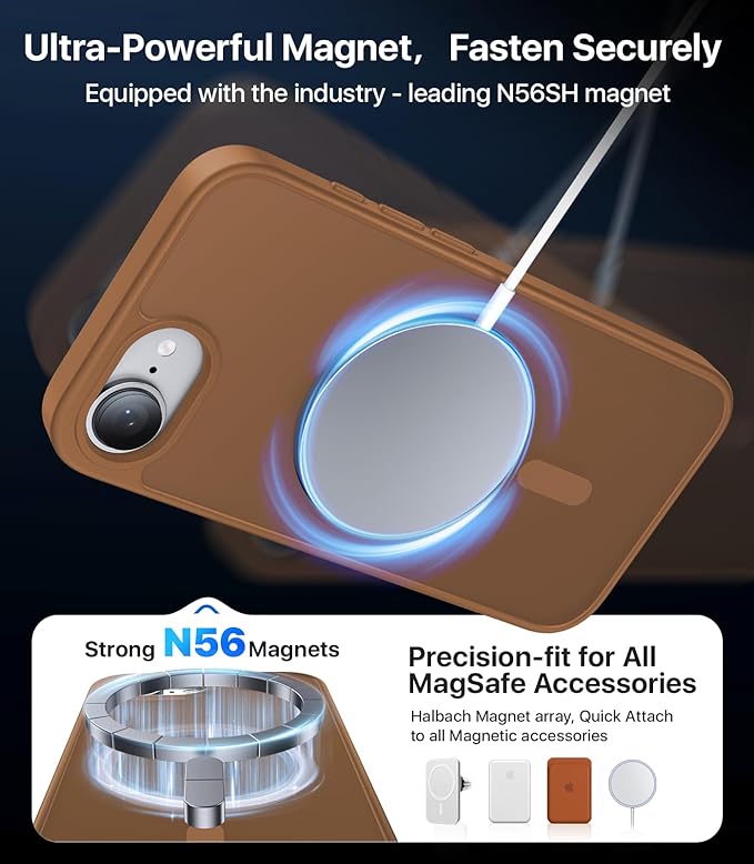 Eastinbox Magnetic Shockproof for iPhone 17e & iPhone 16e Case [Compatible with MagSafe] [Military-Grade Protection] Anti-Yellowing, Matte Protective Phone Case for iPhone 17 e/16 e 6.1", Brown