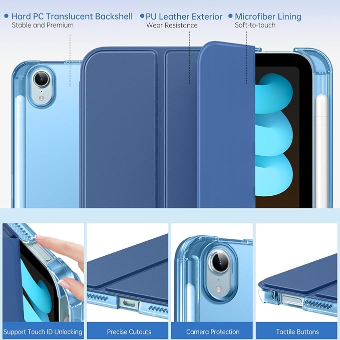 MoKo for iPad mini 7 A17 Pro Case 2024, iPad mini 6th Generation Case 8.3 Inch 2021 with Pencil Holder, Slim Light Trifold Smart Protective Cover with Hard PC Translucent Back Shell, Navy Blue