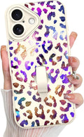 KANGHAR Compatible with iPhone 17 Case, Support for MagSafe, Silicone Cute Iridescent Leopard Cheetah Pattern, Wristband Kickstand Shockproof Protective Slim Cover for Women Girls, White