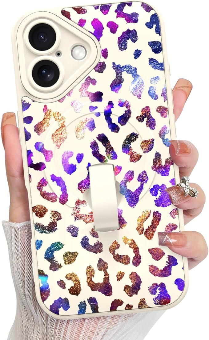 KANGHAR Compatible with iPhone 17 Case, Support for MagSafe, Silicone Cute Iridescent Leopard Cheetah Pattern, Wristband Kickstand Shockproof Protective Slim Cover for Women Girls, White