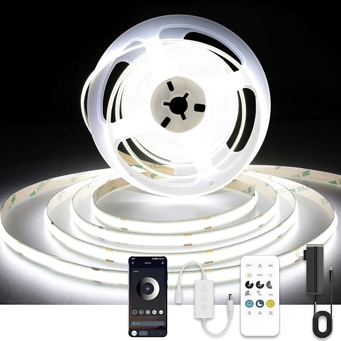 AXMOTUT COB LED Strip Lights with Remote, 24V 9.84ft White Dimmable LED Light Strips, High Bright 6000K LED Lights with Power Supply for Room, Kitchen, DIY Home Decoration
