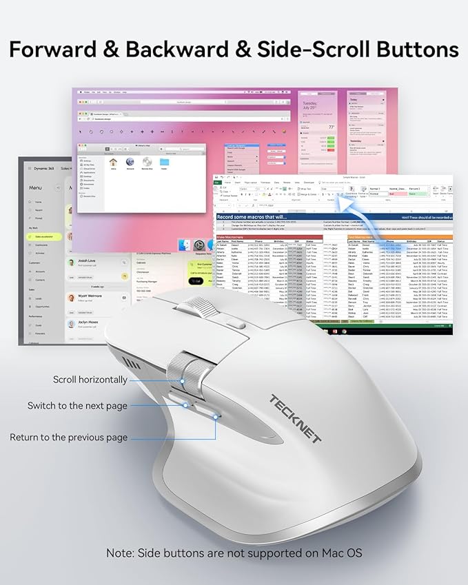 TECKNET Wireless Mouse, Bluetooth Mouse (BT5.3/5.0 & 2.4G) Rechargeable Ergonomic Optical Mouse with 6 Adjustable DPI, Side Scroll, Quiet Clicks, USB A Receiver, 7 Buttons, Wide Compatibility - White