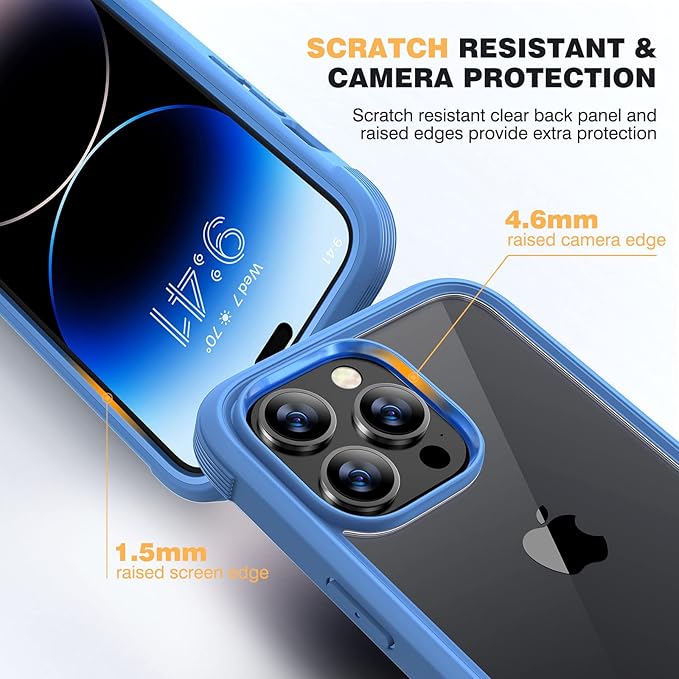 Diaclara Designed for iPhone 14 Pro Max Case 6.7’’,Full Body Rugged Protective Case+9H Tempered Glass Camera Lens Protector w/Built-in Screen Protector (Elegant Blue)