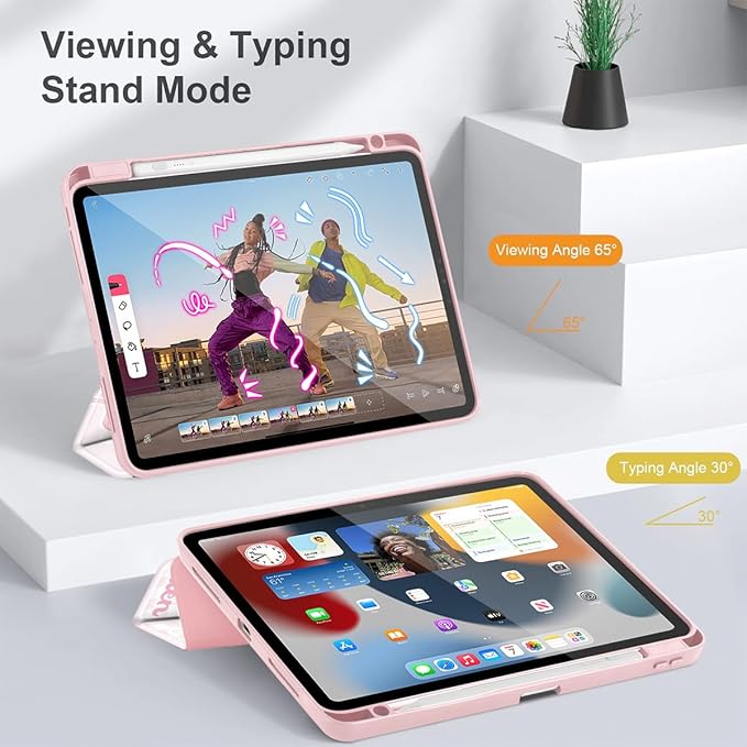 May Chen for iPad Pro 13 Inch Case M5 2025 / M4 2024, Built Pencil Holder & Clear Transparent Print Back Shell Slim Stand Shockproof Tablet Cover, Auto Wake/Sleep, Pink Bowknot Kitten
