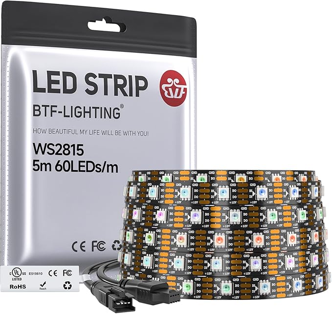 BTF-LIGHTING WS2815 (Upgraded WS2812B) LED Strip Light,UL Listed,16.4FT 300 LED/Pixels,Flexible Chasing RGB,Dual Signal Individually Addressable,5050SMD,3M Tape,DC12V IP30(No Adapter or Controller)