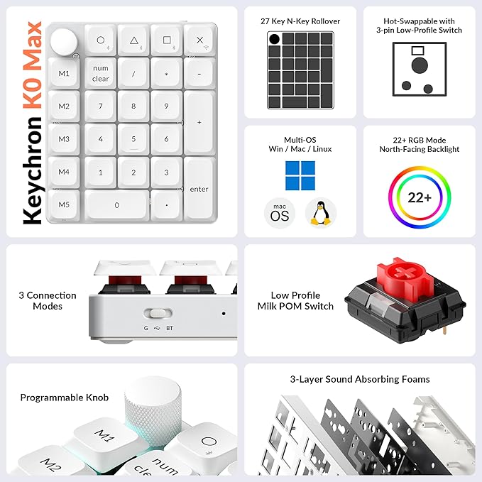 Keychron K0 Max QMK Wireless Custom Number Low-Profile RGB Backlit (Hot-Swappable) Red Switch Keypad, 2.4 GHz & Bluetooth 5.3 Connection, 1000Hz Polling Rate - White