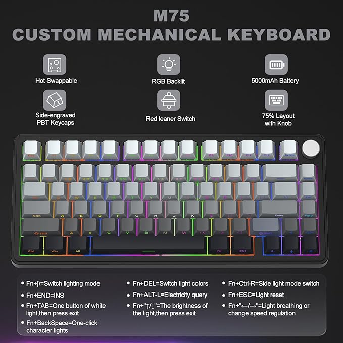 M75 Mechanical Keyboard,75% Gasket Hot Swappable,RGB Backlit,Side Printed PBT Keycaps,2.4Ghz/Bluetooth/USB-C Gaming Keyboards (White and Black)