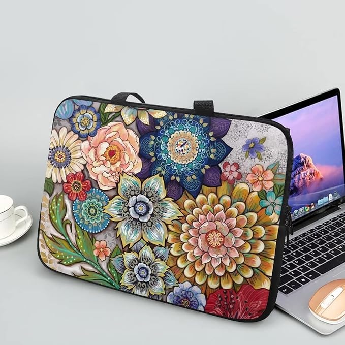 12 Inch Boho Flowers Laptop Sleeve for Women Girl, Slim Water Resistant Computer Carrying Case with Handle, Durable Protective Laptop Tote Bag Cover Compatible with Tablet/Notebook/Reader