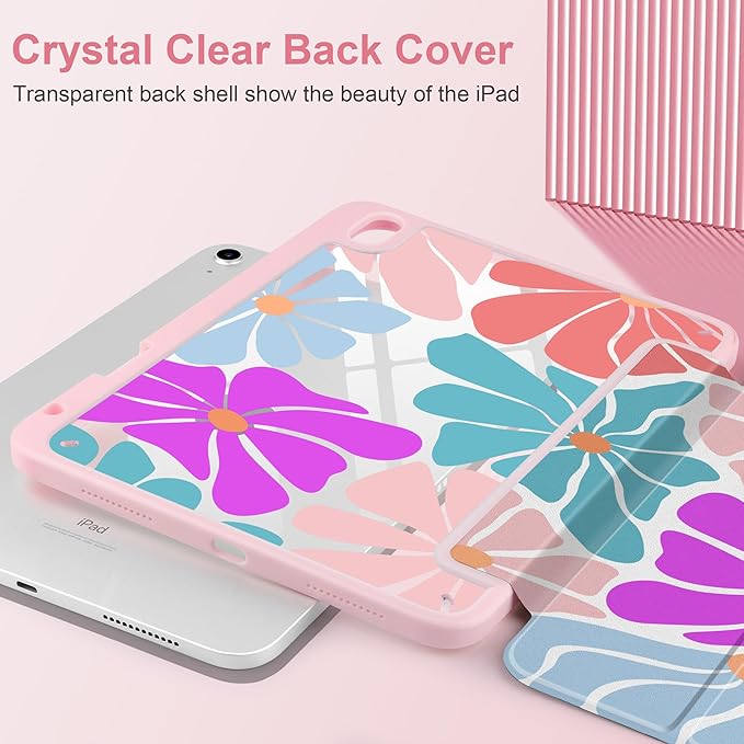 Case for iPad Air 11 inch M4 2026 M3 2025 M2 2024,iPad Air 5th (2022) / 4th (2020) 10.9 Inch Clear Back Shell Lightweight TPU Edge Trifold Stand Auto Wake Sleep Cute Cover, Stylized Flowers